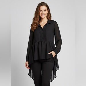 Simply Noelle Sheer Half Button Up Blouse Black L/XL (12-14) NWT High-Low Top